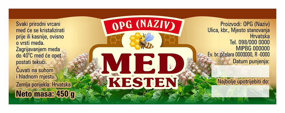 Bronzo - Cetvrtasta 450 g - Kesten - Etiketa / naljepnica za med Etiketa / naljepnica za med Bronzo