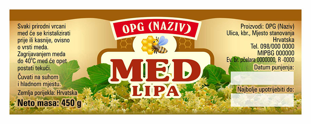 Bronzo - Cetvrtasta 450 g - Lipa - Etiketa / naljepnica za med Etiketa / naljepnica za med Bronzo