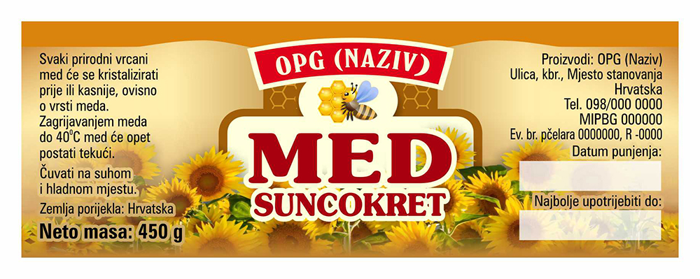 Bronzo - Cetvrtasta 450 g - Suncokret - Etiketa / naljepnica za med Etiketa / naljepnica za med Bronzo