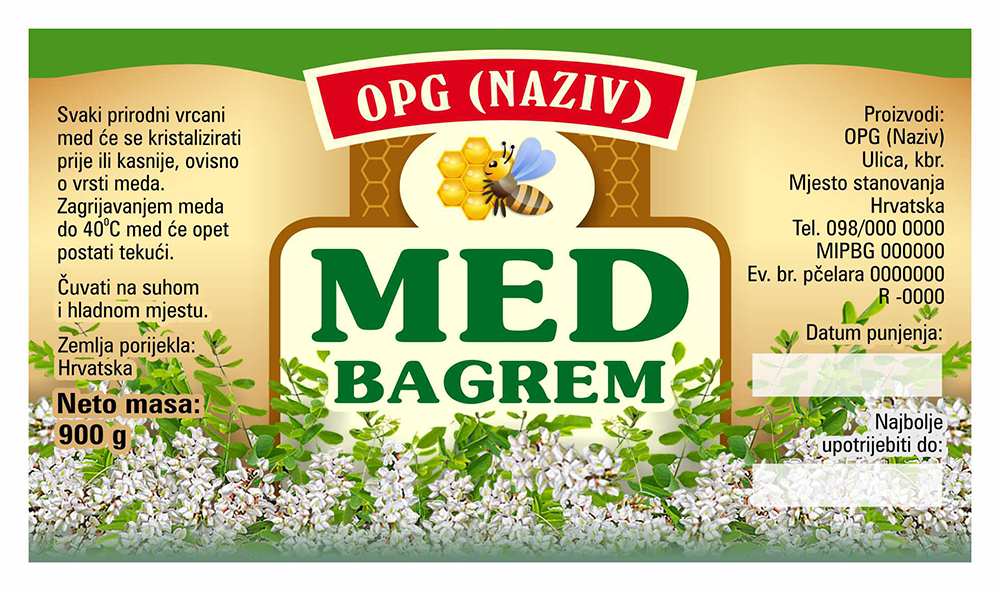 Bronzo - Cetvrtasta 900 g - Bagrem - Etiketa / naljepnica za med Etiketa / naljepnica za med Bronzo