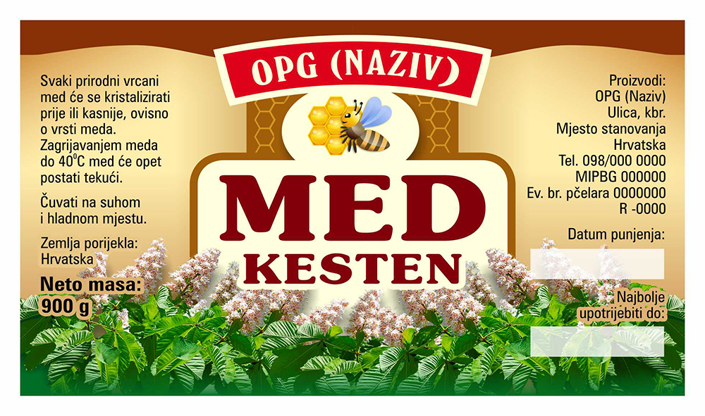 Bronzo - Cetvrtasta 900 g - Kesten - Etiketa / naljepnica za med Etiketa / naljepnica za med Bronzo