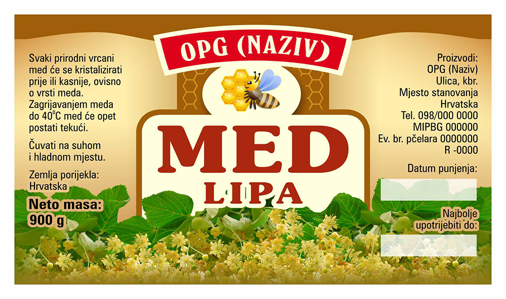 Bronzo - Cetvrtasta 900 g - Lipa - Etiketa / naljepnica za med Etiketa / naljepnica za med Bronzo