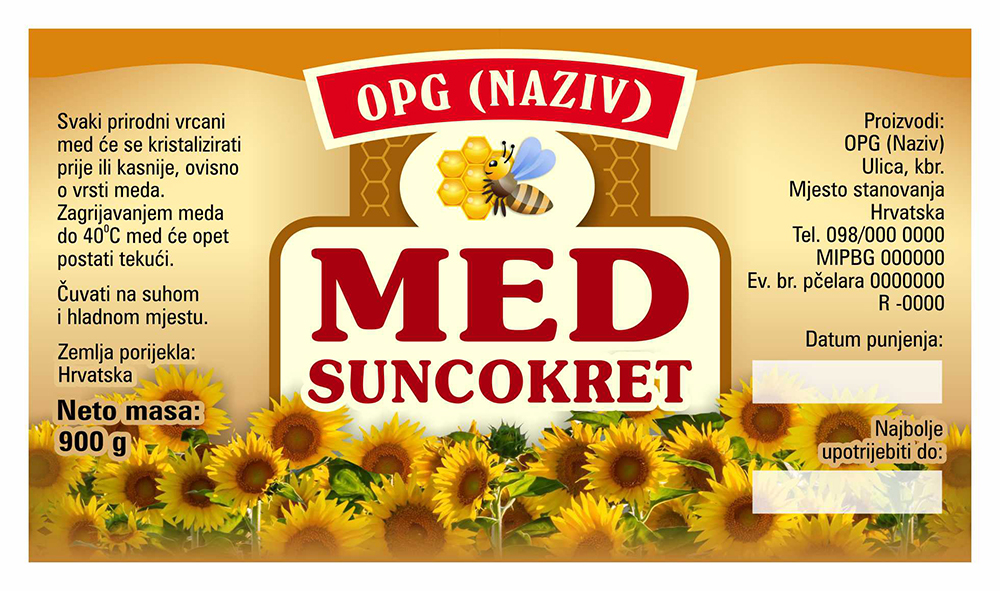 Bronzo - Cetvrtasta 900 g - Suncokret - Etiketa / naljepnica za med Etiketa / naljepnica za med Bronzo