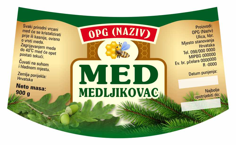 Bronzo - Nacionalna ricana 900 g - Medljikovac - Etiketa / naljepnica za med Etiketa / naljepnica za med Bronzo