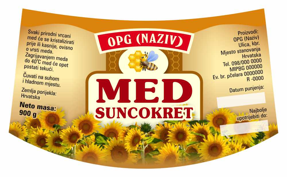 Bronzo - Nacionalna ricana 900 g - Suncokret - Etiketa / naljepnica za med Etiketa / naljepnica za med Bronzo