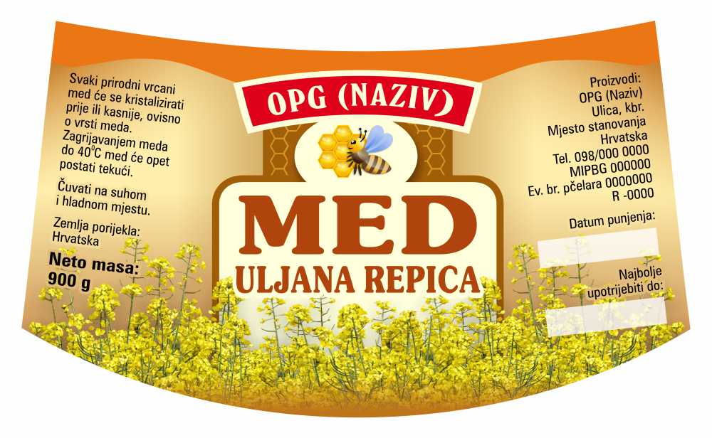 Bronzo - Nacionalna ricana 900 g - Uljana repica - Etiketa / naljepnica za med Etiketa / naljepnica za med Bronzo