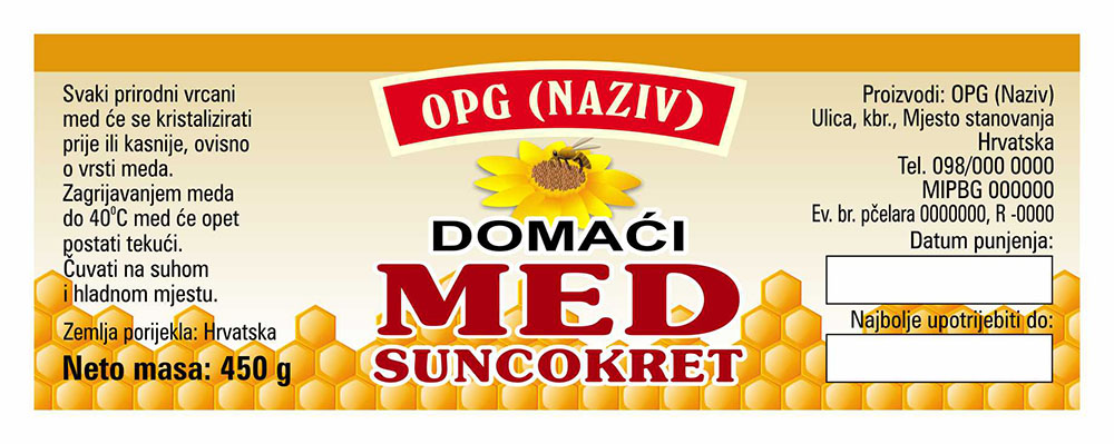 Comb - Cetvrtasta 450 g - Suncokret - Etiketa / naljepnica za med Etiketa / naljepnica za med Comb
