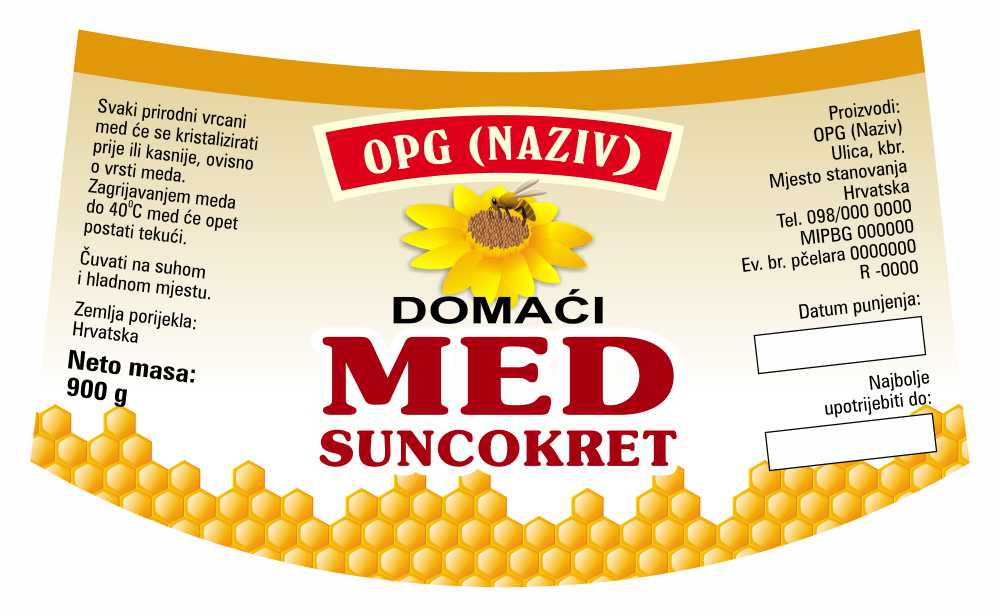 Comb - Nacionalna ricana 900 g - Suncokret - Etiketa / naljepnica za med Etiketa / naljepnica za med Comb
