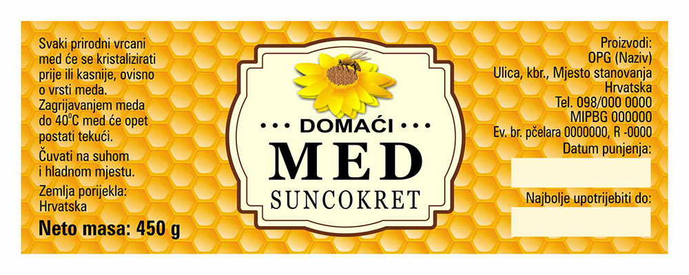 Comb gold - Cetvrtasta 450 g - Suncokret - Etiketa / naljepnica za med Etiketa / naljepnica za med Comb gold