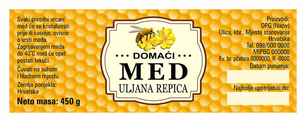 Comb gold - Cetvrtasta 450 g - Uljana repica - Etiketa / naljepnica za med Etiketa / naljepnica za med Comb gold