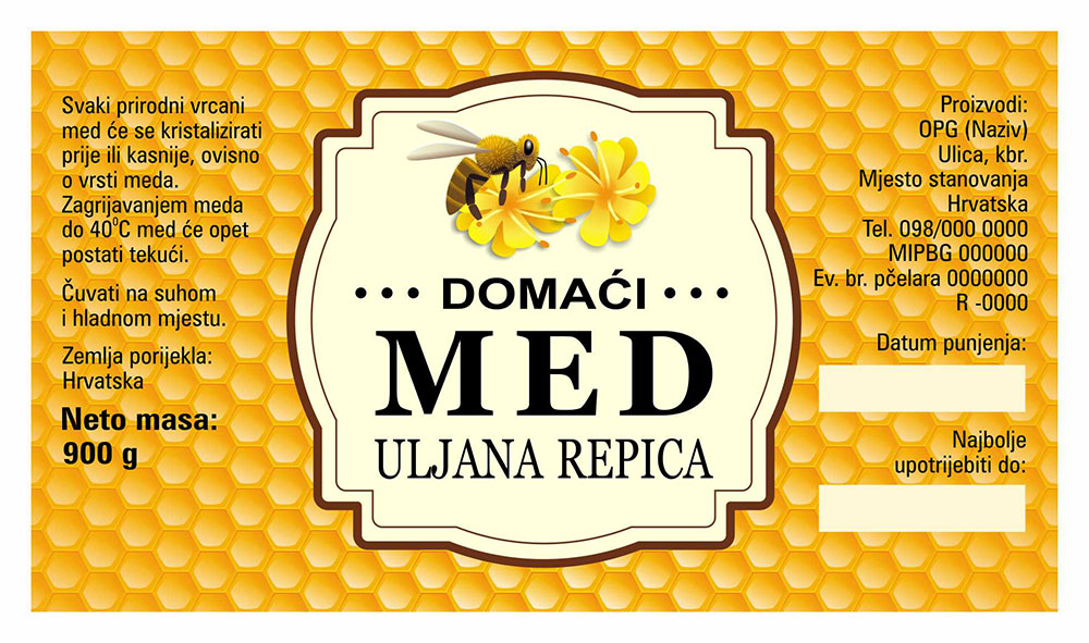 Comb gold - Cetvrtasta 900 g - Uljana repica - Etiketa / naljepnica za med Etiketa / naljepnica za med Comb gold